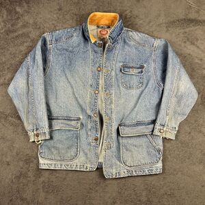 VTG Australian Outback Denim Jacket Men’s XL Leather Collar Workwear Distressed